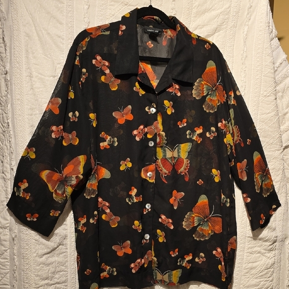 MORGAN COLE Black and Orange 3/4 Sleeve Silk Blouse - Picture 1 of 12